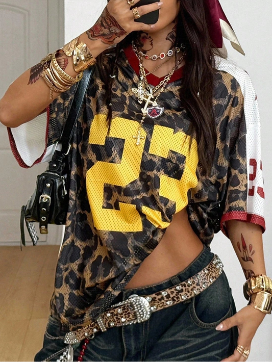 Leopard Print Oversized Football Jersey Women Vintage Sport Style Streetwear Graphic V-Neck Tee