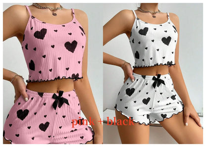 Cute Heart Print Pajama Romper – Women’s Sleeveless Summer Lounge Wear