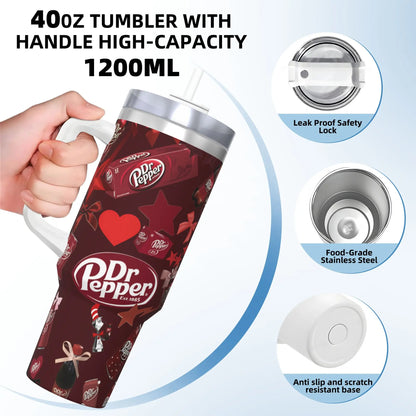Dr Pepper Inspired Tumbler Cup – 40oz Stainless Steel Travel Mug with Handle