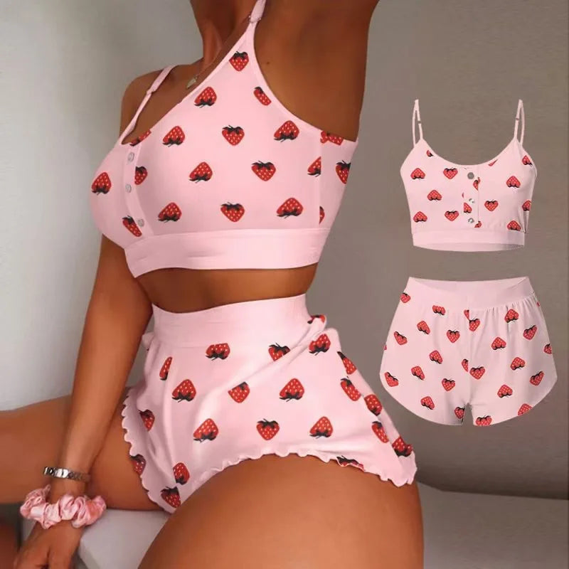 Cute Strawberry Print Bikini Set – Women’s High Waisted Two Piece Swimsuit, Sexy Summer Beach Swimwear