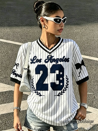 Summer New Los Angeles 23 Print Stripe T-shirt For Women V-Neck Short Sleeve Tees Sports Football Jersey Y2K Loose Oversized Top
