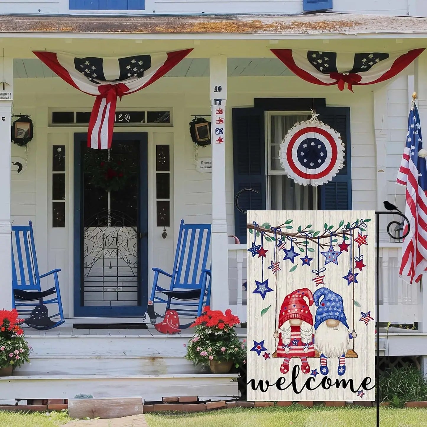 Welcome Tree Swing Gnomes Stars Patriotic America 4th of July Memorial Day Independence Day Garden Flag