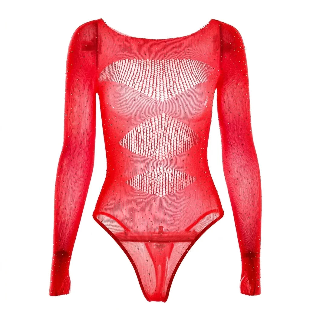Women's Sexy Black Bodysuits Rhinestone Lingerie Sparkling Jumpsuit 2026 Fashion New Female Date Party Clubwear Outfits
