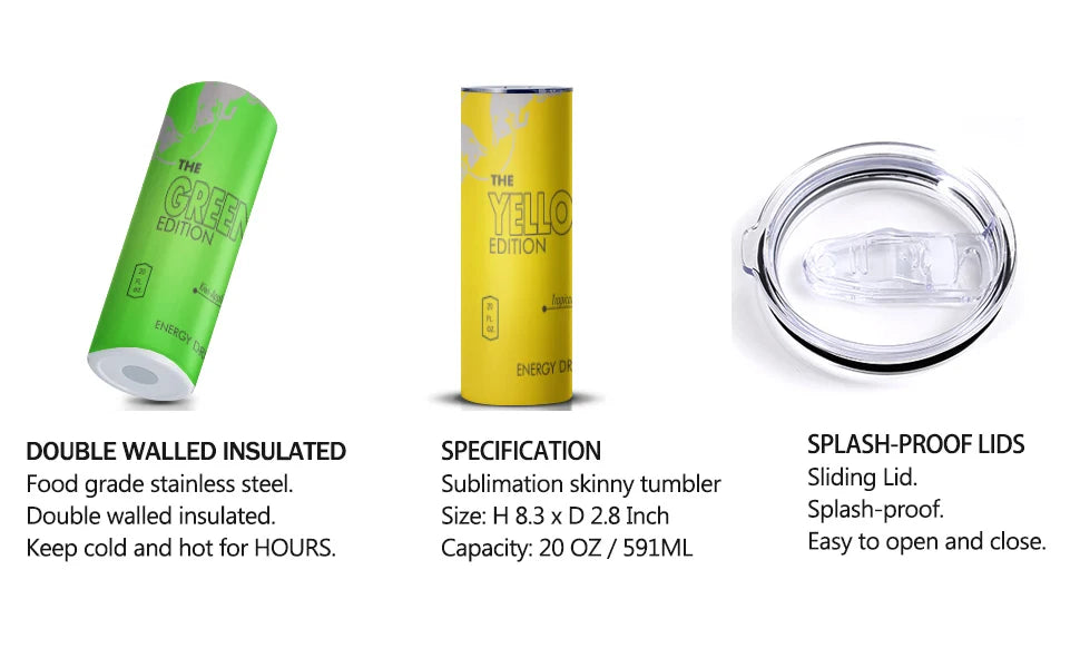 Energy Drink Slim Tumbler – 20oz Stainless Steel Cup with Straw & Lid