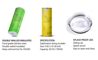 Energy Drink Slim Tumbler – 20oz Stainless Steel Cup with Straw & Lid