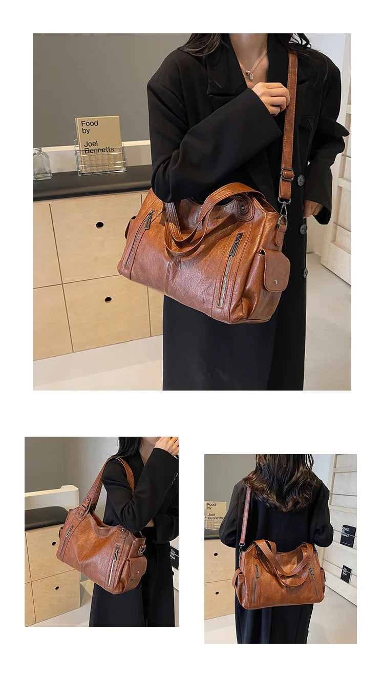 Vintage Leather Tote Shoulder Bag – Large Capacity Crossbody Handbag for Women