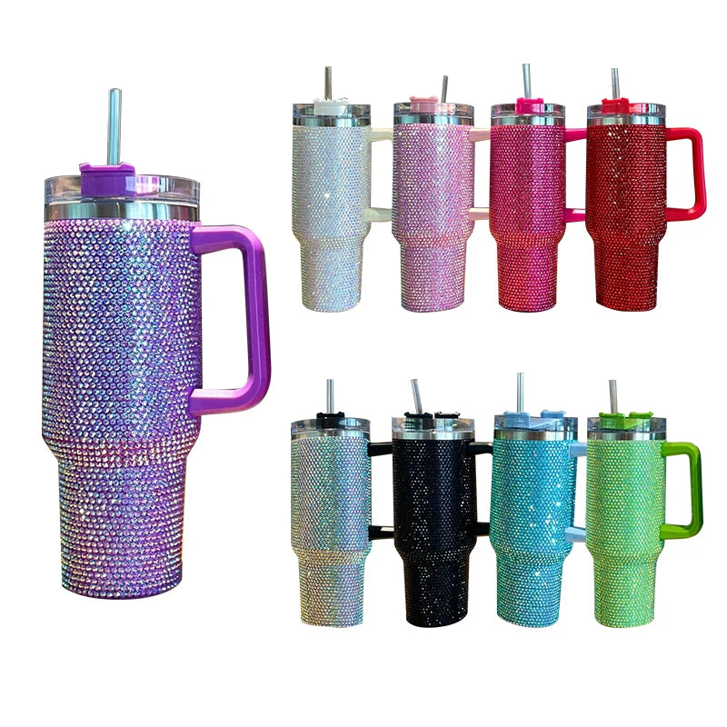 40oz Rhinestone Tumbler with Handle Insulated Thermos Cup Sparkling Travel Mug