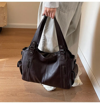 Vintage Leather Tote Shoulder Bag – Large Capacity Crossbody Handbag for Women