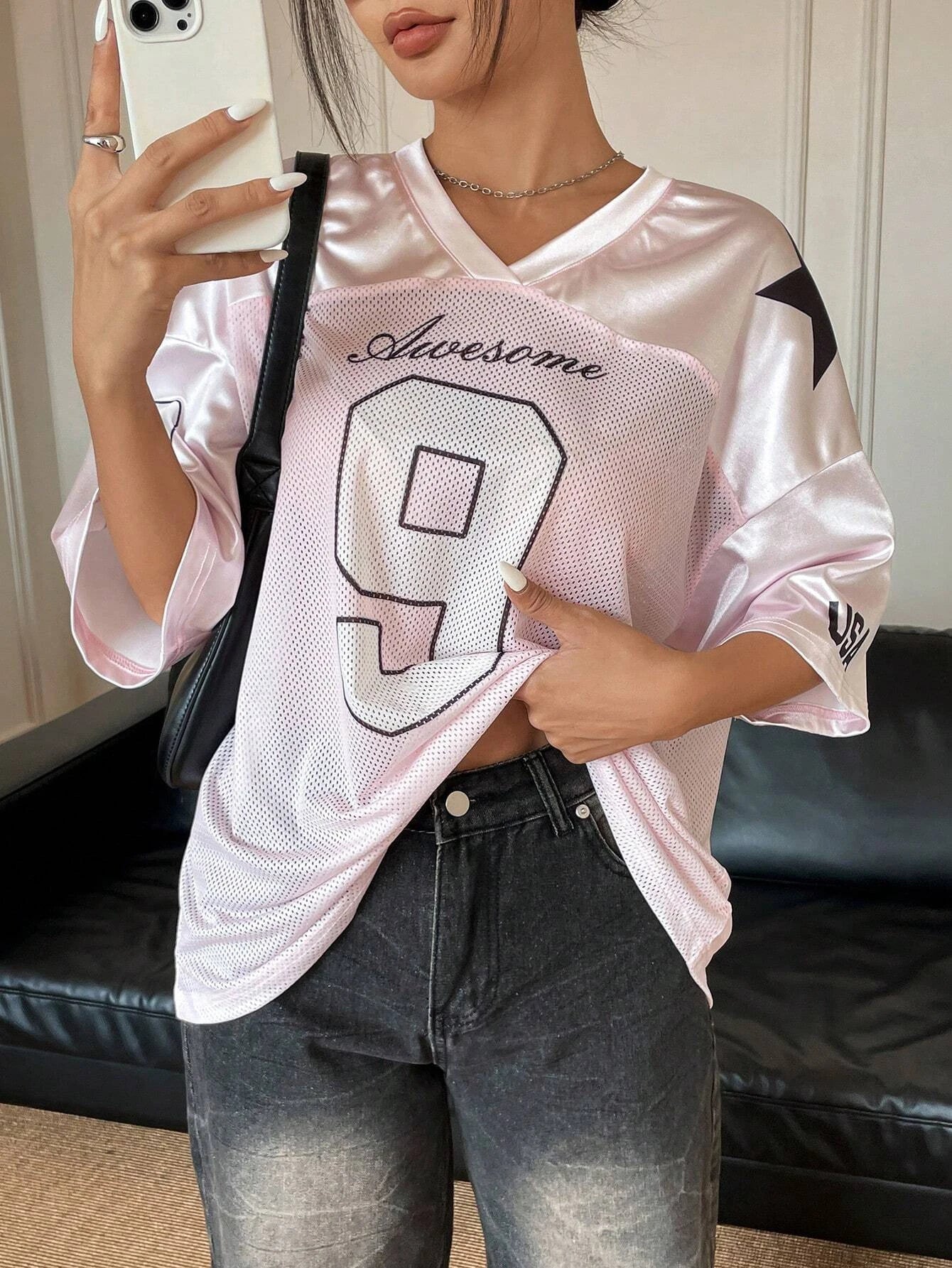 2026 New York No.9 Oversized Jersey T-Shirt Women V-Neck Sport Style Breathable Summer Streetwear Tee