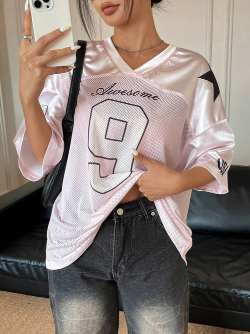 2026 New York No.9 Oversized Jersey T-Shirt Women V-Neck Sport Style Breathable Summer Streetwear Tee