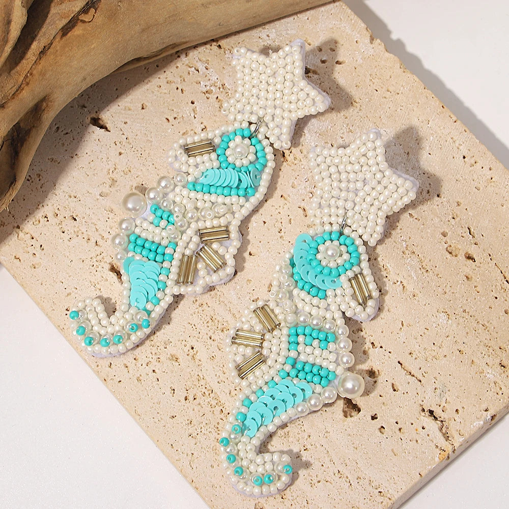 Boho Beach Statement Earrings – Handmade Beaded Starfish Seahorse Shell Drop Earrings for Women