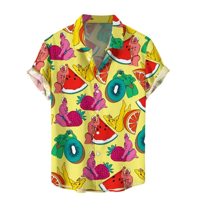 Funny 3D Print Hawaiian Shirt Men Oversized Button Up Tropical Vacation Shirt