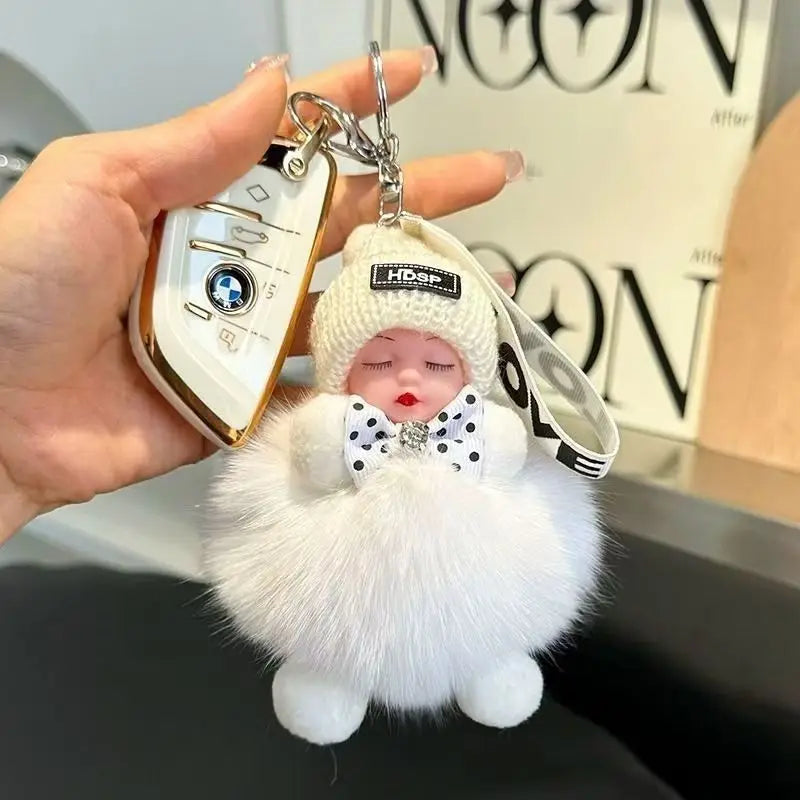 Cute Sleeping Baby Keychain – Fluffy Pom Pom Doll Bag Charm