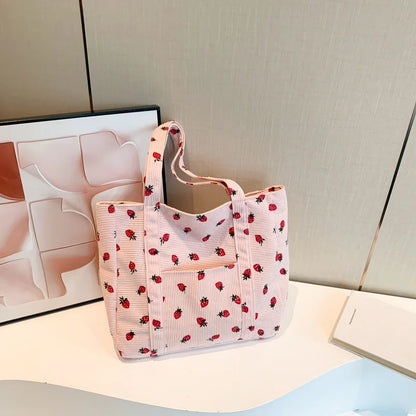 Cherry Print Canvas Tote Bag – Cute Aesthetic Shoulder Handbag for Women