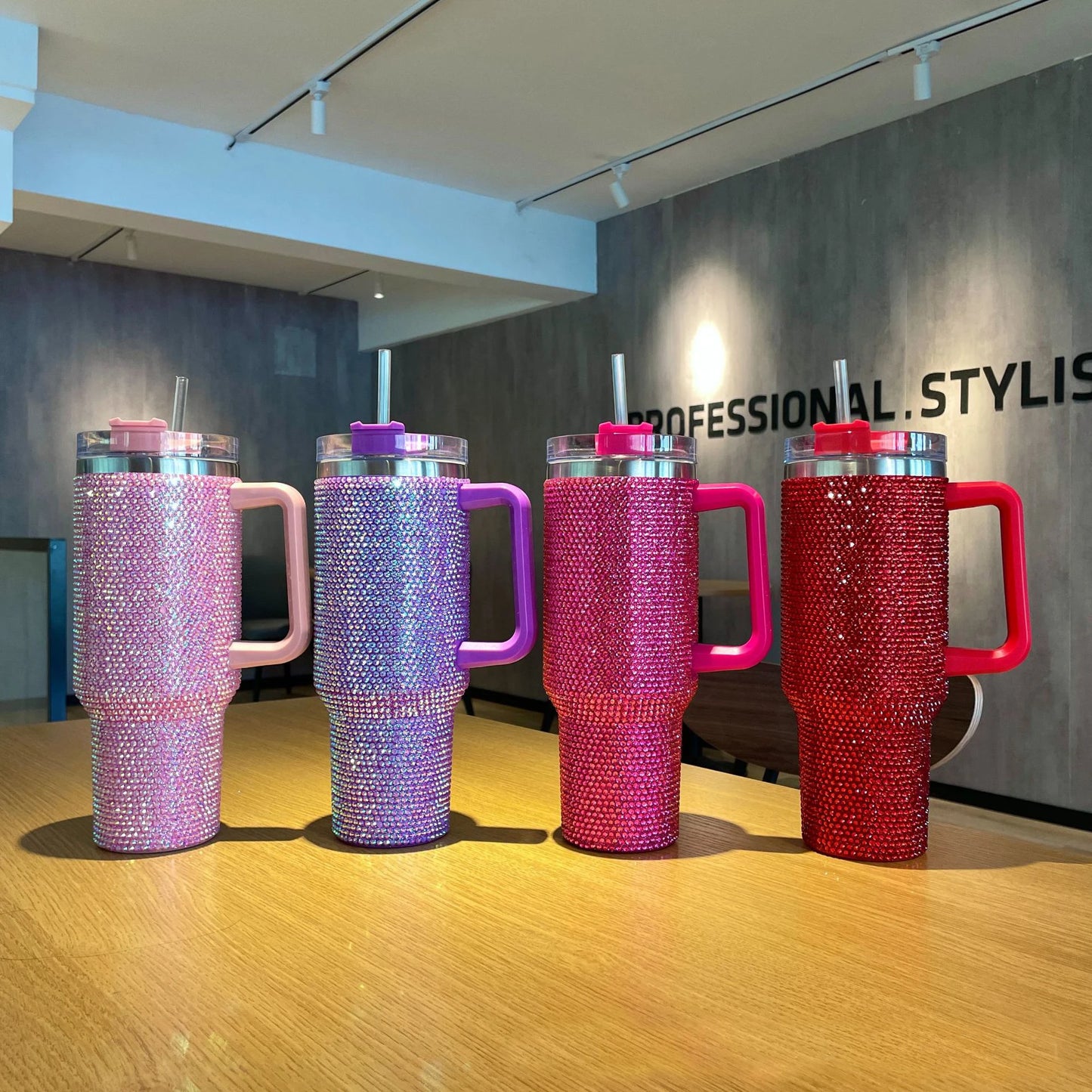 40oz Rhinestone Tumbler with Handle Insulated Thermos Cup Sparkling Travel Mug