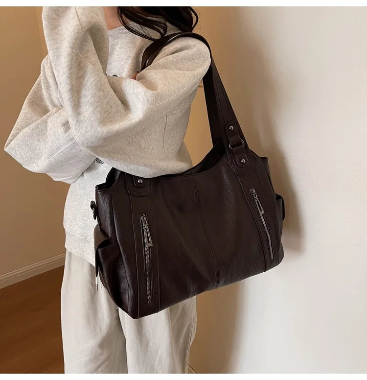 Vintage Leather Tote Shoulder Bag – Large Capacity Crossbody Handbag for Women