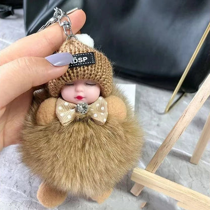 Cute Sleeping Baby Keychain – Fluffy Pom Pom Doll Bag Charm