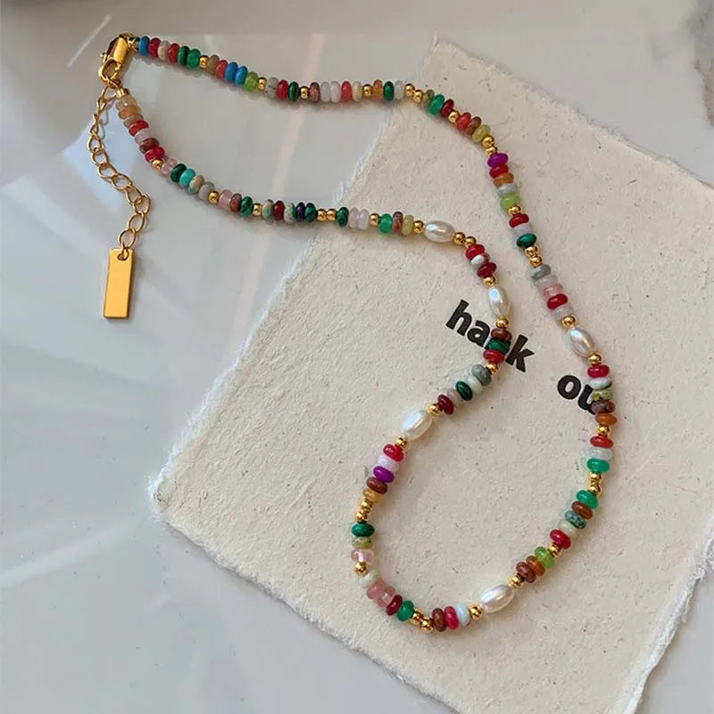 Boho Colorful Beaded Necklace – Handmade Pearl & Gemstone Choker Jewelry for Women, Trendy Vintage Layering Necklace Gift