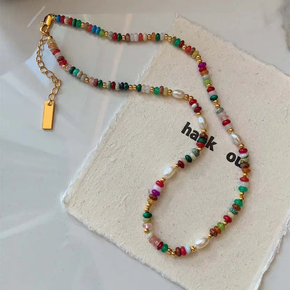 Boho Colorful Beaded Necklace – Handmade Pearl & Gemstone Choker Jewelry for Women, Trendy Vintage Layering Necklace Gift