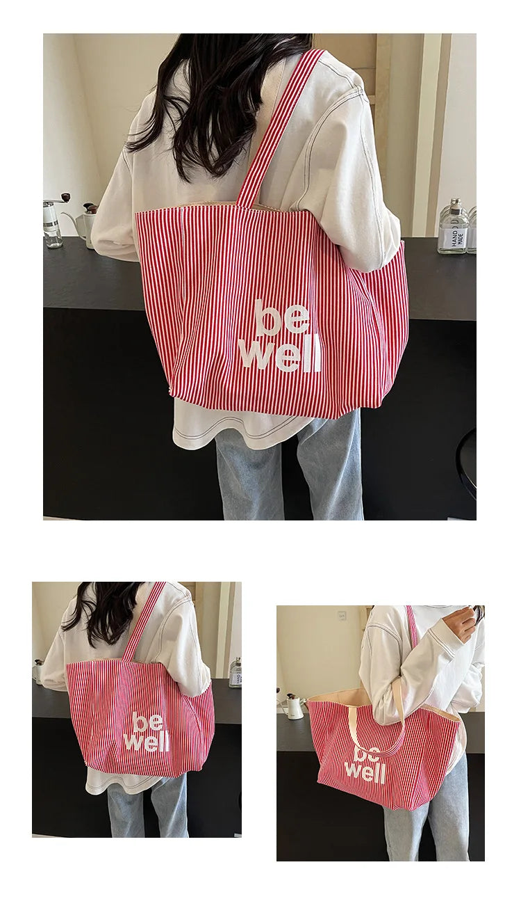 Striped Canvas Tote Bag – Cute Large Capacity Shoulder Bag for Women