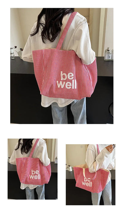 Striped Canvas Tote Bag – Cute Large Capacity Shoulder Bag for Women