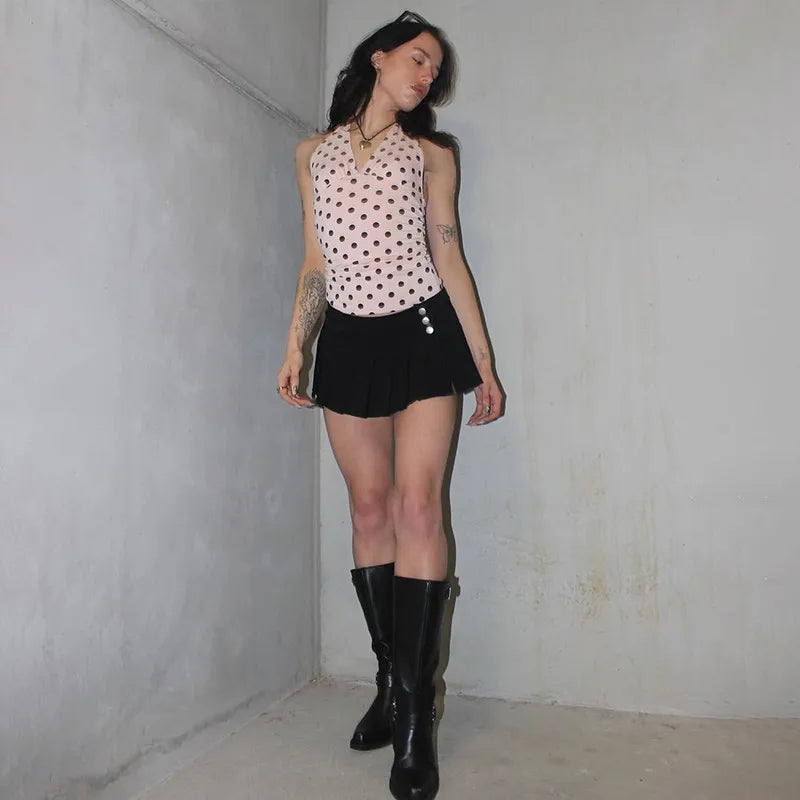 Polka Dots Tank Tops Women Sexy Low-Neck Off Shoulders Backless Street Fashion Versatile Style Ruched Elegant Outfits