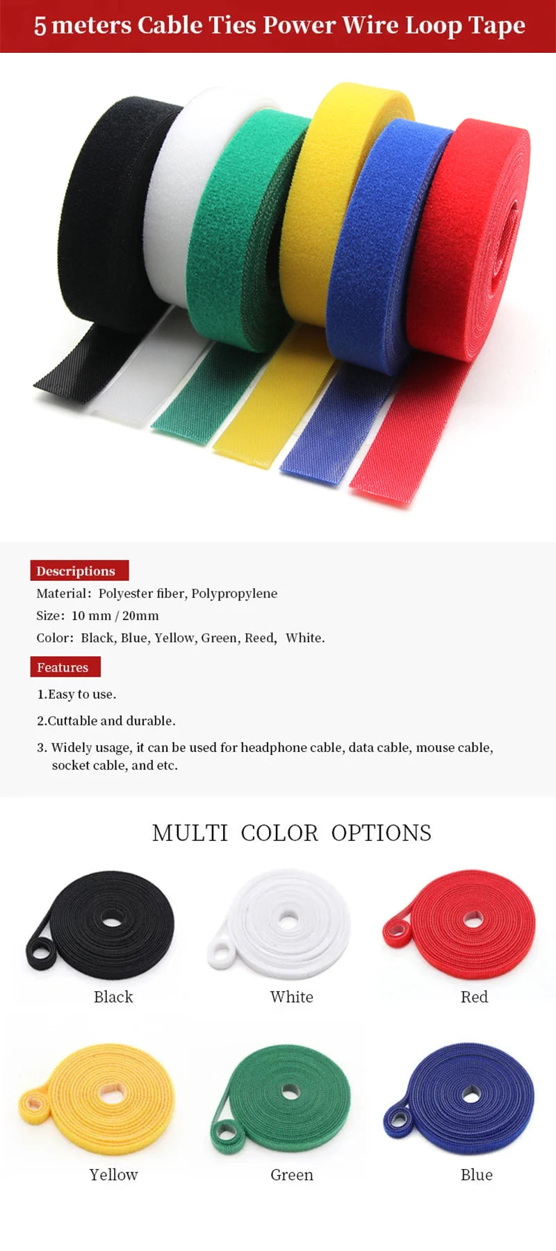 5m/roll Reusable Cable Management Strap Roll – Hook & Loop Fastener Tape