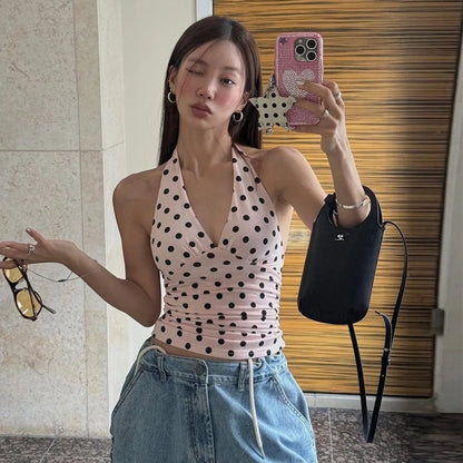 Polka Dots Tank Tops Women Sexy Low-Neck Off Shoulders Backless Street Fashion Versatile Style Ruched Elegant Outfits