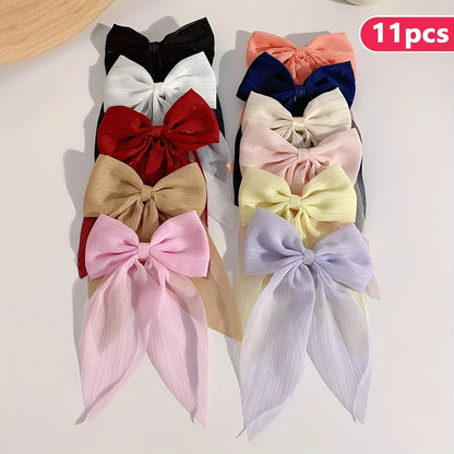 11PCS Satin Bow Hair Clip Set – Elegant Long Ribbon Barrettes for Women & Girls