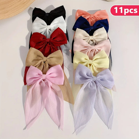 11PCS Satin Bow Hair Clip Set – Elegant Long Ribbon Barrettes for Women & Girls