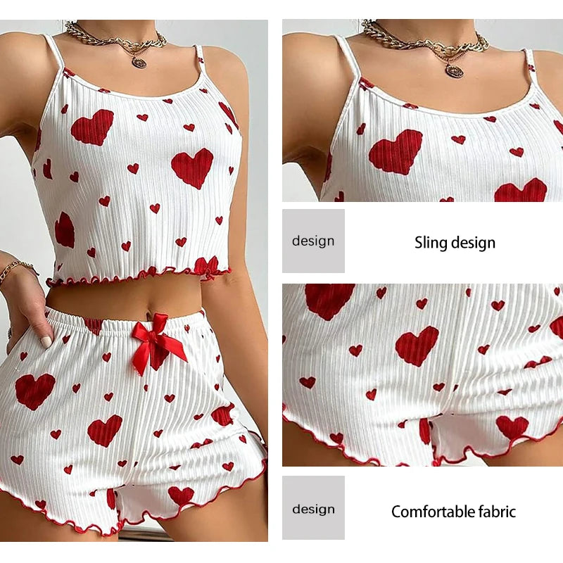 Cute Heart Print Pajama Romper – Women’s Sleeveless Summer Lounge Wear