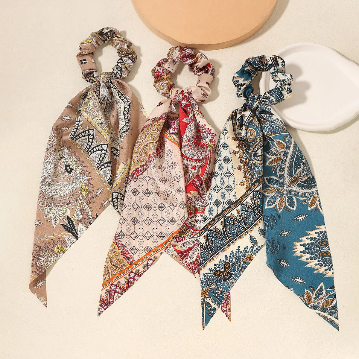 Boho Scarf Hair Scrunchies – Printed Ribbon Hair Tie Set