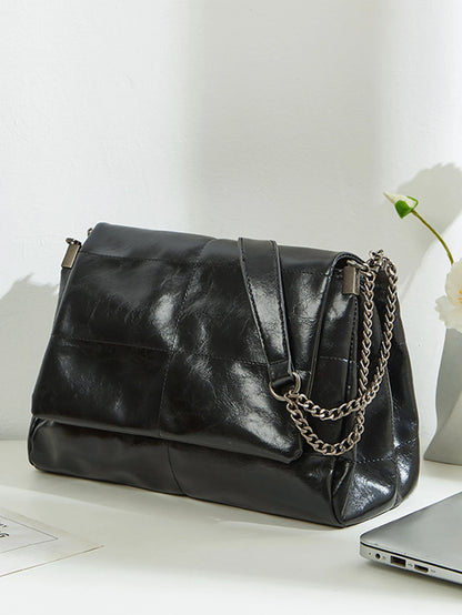 Vintage Black Chain Shoulder Bag – Retro Leather Tote Handbag for Women