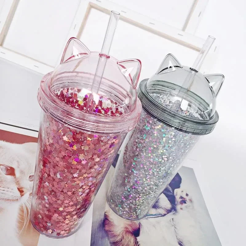 Cute Cat Ear Glitter Straw Cup Creative Plastic Water Bottle for Girls