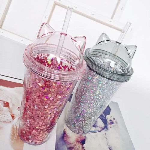 Cute Cat Ear Glitter Straw Cup Creative Plastic Water Bottle for Girls