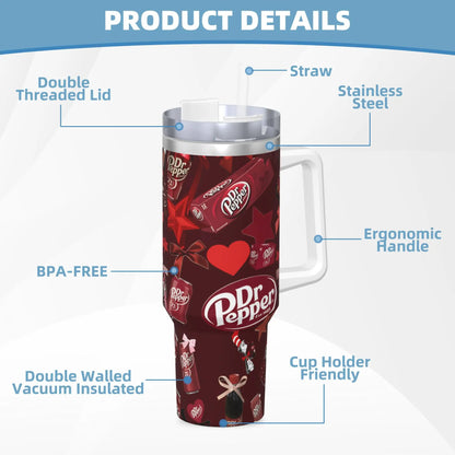 Dr Pepper Inspired Tumbler Cup – 40oz Stainless Steel Travel Mug with Handle