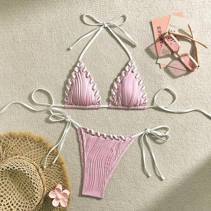 Sexy Ribbed String Bikini Set – Women’s Triangle Tie Side Swimsuit, Minimalist Beach Swimwear for Summer Vacation