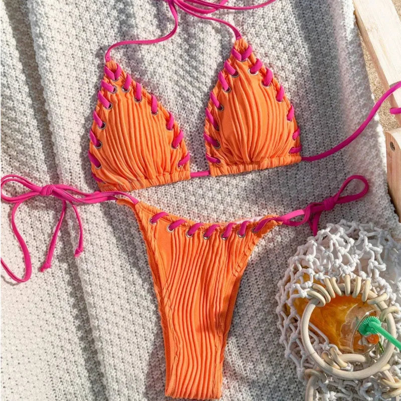 Sexy Ribbed String Bikini Set – Women’s Triangle Tie Side Swimsuit, Minimalist Beach Swimwear for Summer Vacation
