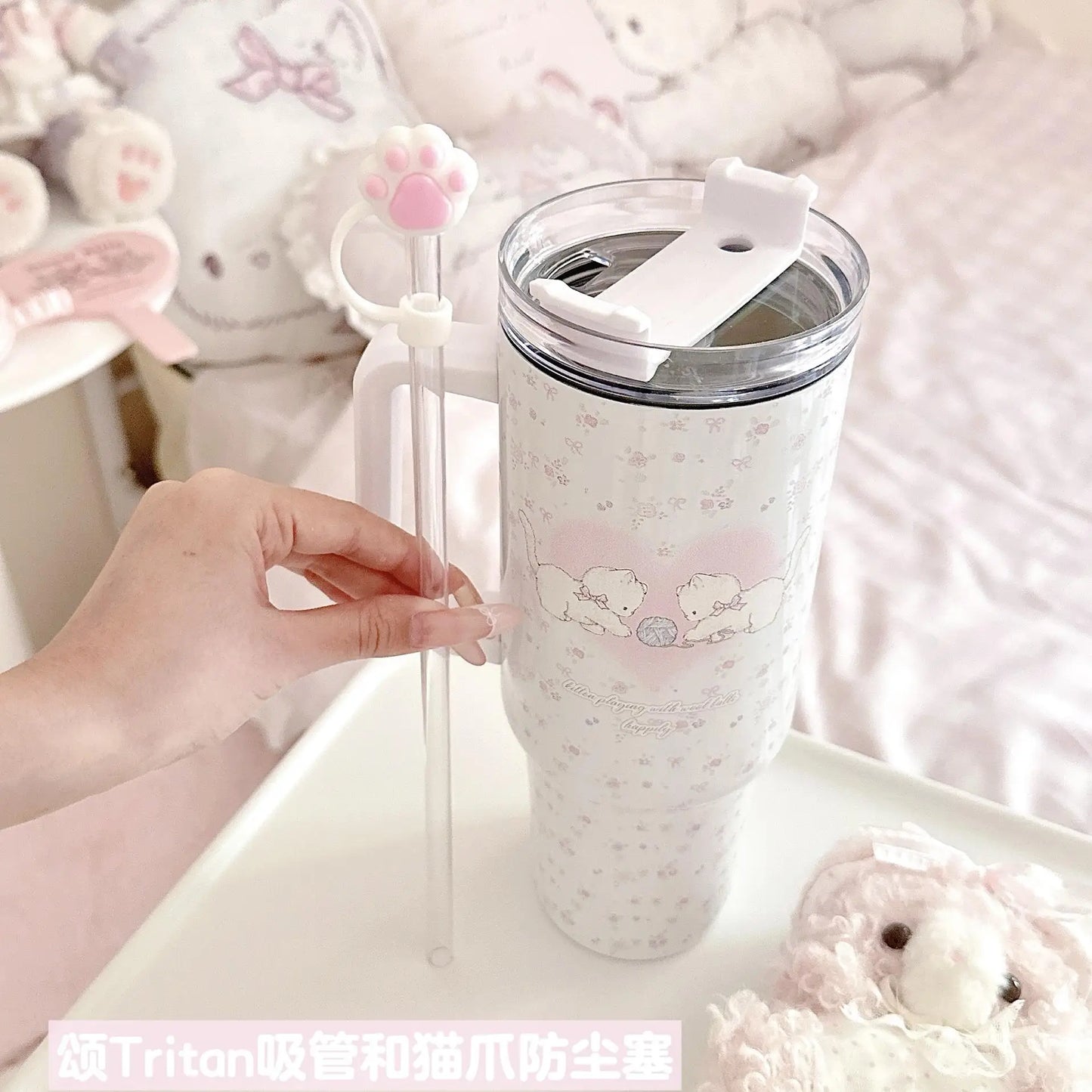 Cute Cat Stainless Steel Tumbler 40oz Insulated Water Bottle Travel Mug