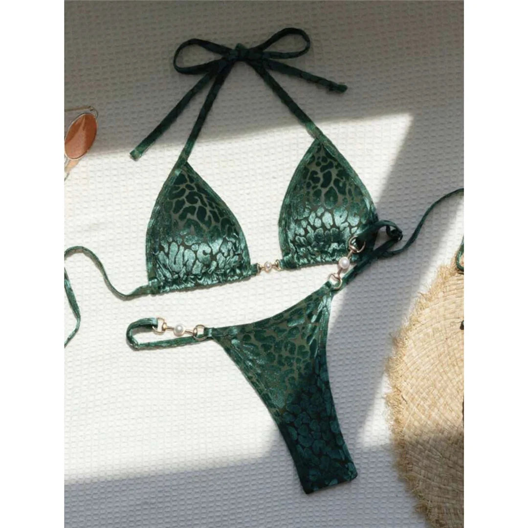 Leopard Pearl Micro Thong Bikini Set Women Two Piece Swimsuit Y2K Beachwear