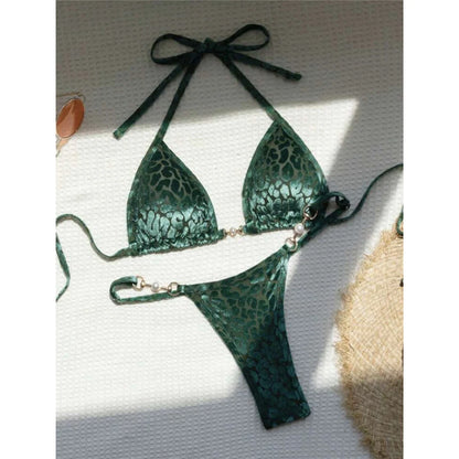 Leopard Pearl Micro Thong Bikini Set Women Two Piece Swimsuit Y2K Beachwear