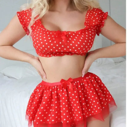 Cute Polka Dot Lingerie Set – Off Shoulder Babydoll Sleepwear for Women