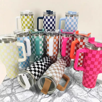 40oz Checkered Stainless Steel Tumbler with Handle Insulated Travel Mug