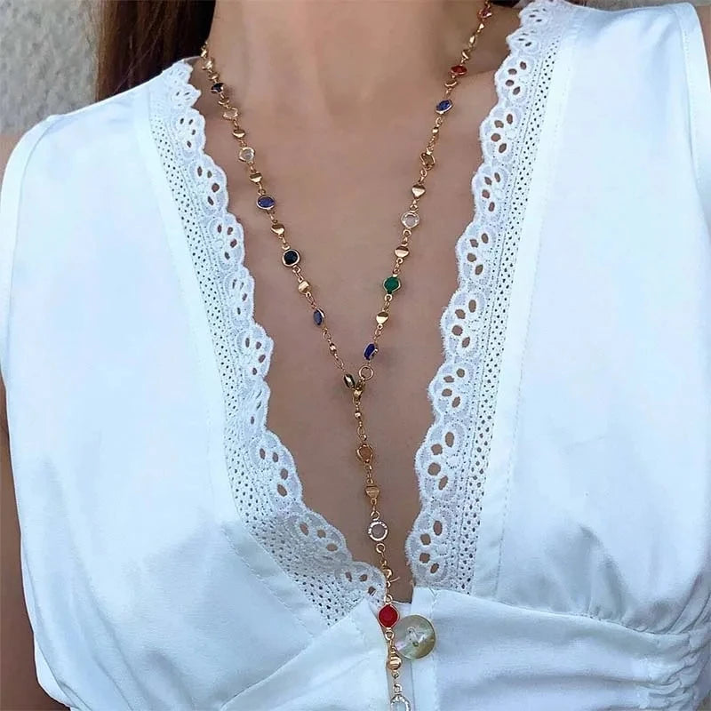 Colorful Crystal Y Necklace – Boho Layered Drop Necklace for Women Trendy Jewelry