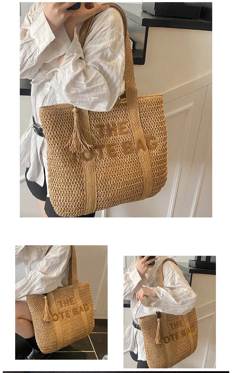 Boho Straw Tote Bag – Woven Beach Shoulder Handbag for Women Summer Fashion