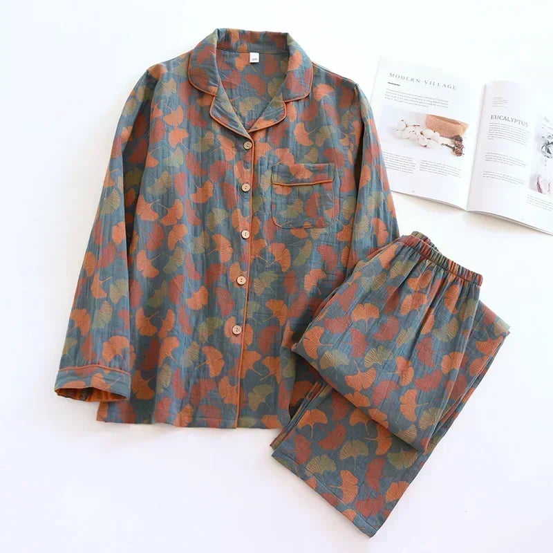 2026 Women’s Cotton Crepe Pajama Set – Floral Long Sleeve Sleepwear with Trousers, Soft Spring Summer Homewear
