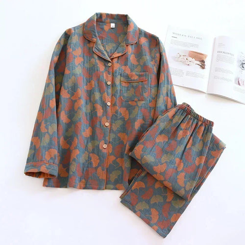 2026 Women’s Cotton Crepe Pajama Set – Floral Long Sleeve Sleepwear with Trousers, Soft Spring Summer Homewear