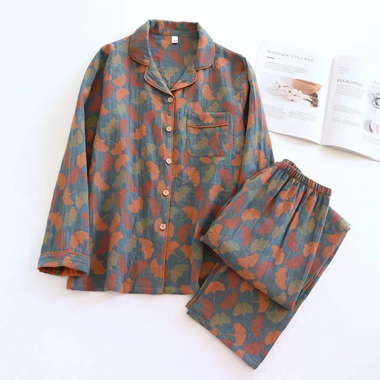 2026 Women’s Cotton Crepe Pajama Set – Floral Long Sleeve Sleepwear with Trousers, Soft Spring Summer Homewear