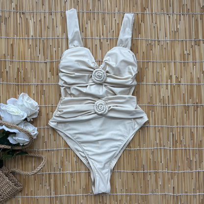 2026 White Flower One Piece Swimsuit Women Deep V Push Up Bandeau Beachwear