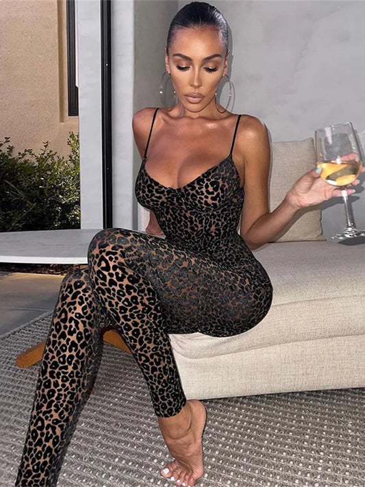 Leopard Print Backless Jumpsuit Women Skinny Stretch Activewear Outfit